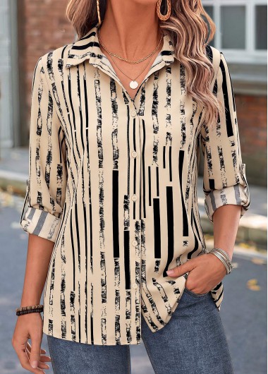 women clothes image of Light Camel Geometric Print Tummy Coverage 3/4 Sleeve Shirt