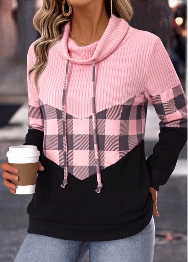 women clothes image of Pink Plaid Patchwork Long Sleeve Cowl Neck Sweatshirt