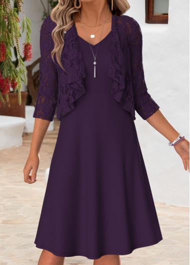 women clothes image of Dark Purple Two-piece Long Sleeve V Neck Dress
