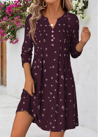 women clothes image of Dark Purple Floral Print Short Tuck Stitch Dress