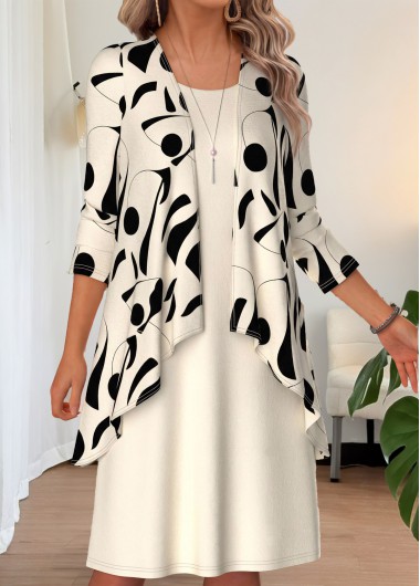 women clothes image of Beige Geometric Print Tummy Coverage Dress and Cardigan