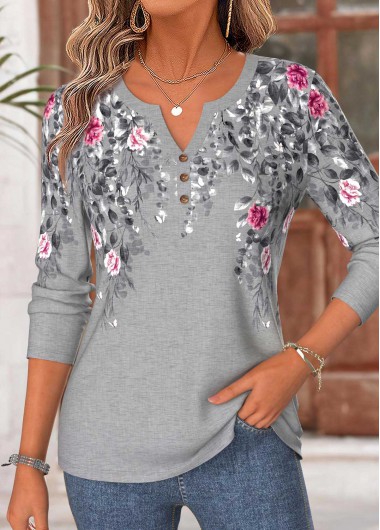 women clothes image of Light Grey Marl Floral Print Curved Hem T Shirt