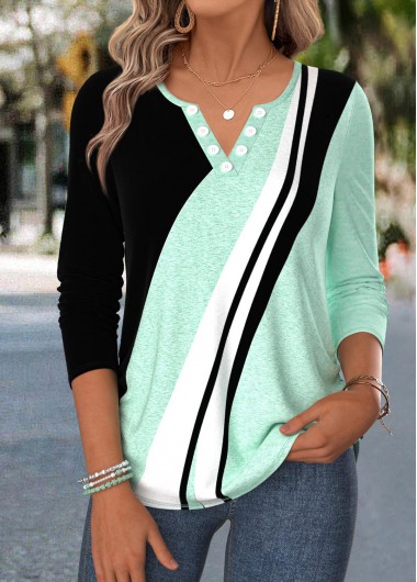 women clothes image of Mint Green Geometric Print Shirred Long Sleeve T Shirt