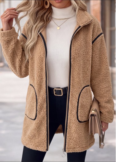 women clothes image of Light Coffee Seaming Long Sleeve Stand Collar Coat