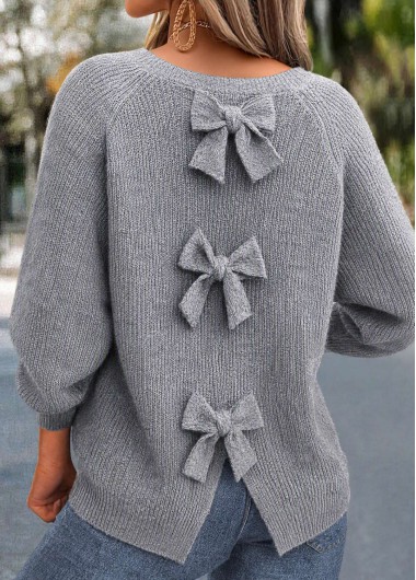 women clothes image of Grey Bowknot Long Sleeve Round Neck Sweater