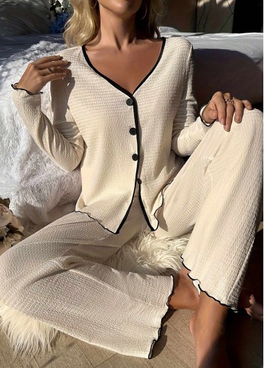 women clothes image of Beige Long Sleeve V Neck Lounge Top and Pants