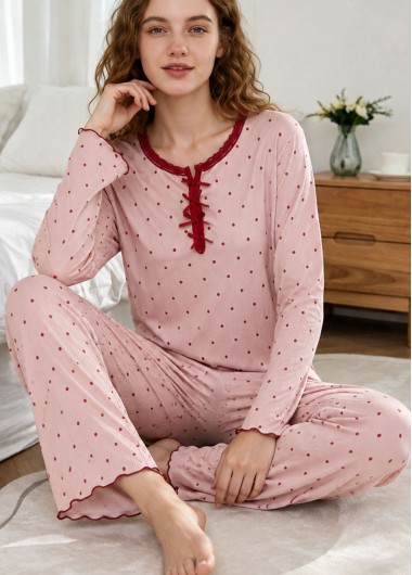 women clothes image of Pink Long Sleeve Round Neck Lounge Top and Pants