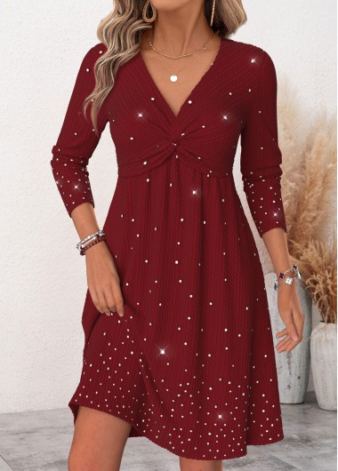 women clothes image of Wine Red Short Twist Long Sleeve V Neck Dress