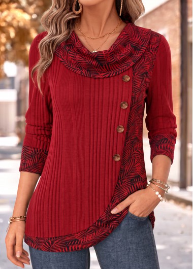 women clothes image of Red Leaf Print Patchwork Long Sleeve T Shirt