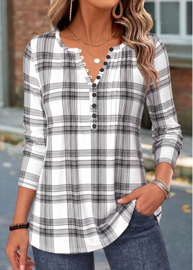women clothes image of White Plaid Curved Hem Long Sleeve T Shirt