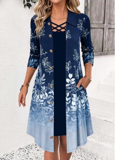 women clothes image of Blue Leaf Print Fake 2in1 A Line Dress