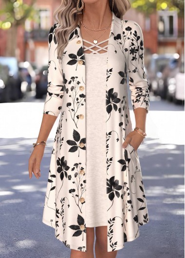 women clothes image of Beige Leaf Print Fake 2in1 A Line Dress