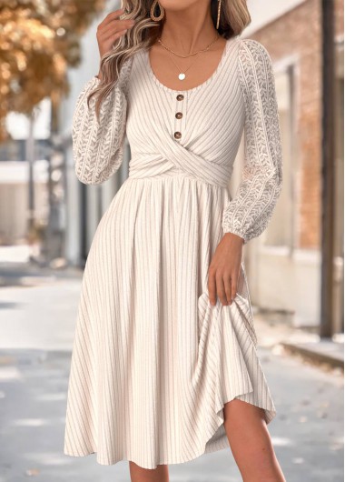 women clothes image of Beige Surplice Long Sleeve Round Neck Dress