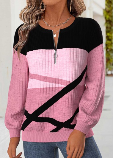 women clothes image of Pink Geometric Print Tummy Coverage Long Sleeve Sweatshirt