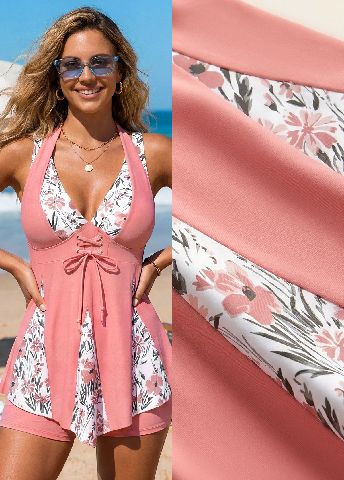 Patchwork High Waisted Ditsy Floral Print Pink Tankini Set | picture 