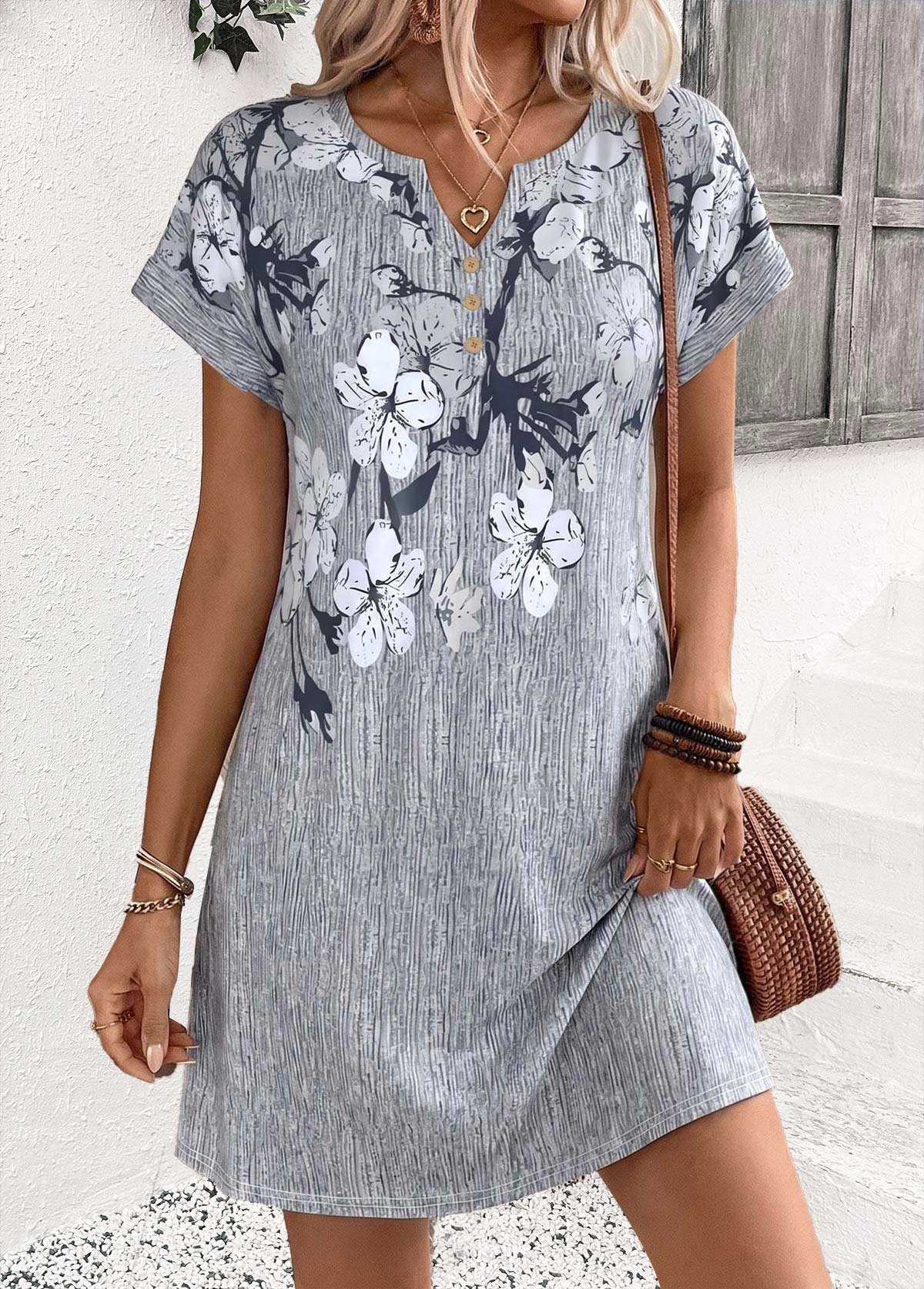 Grey Floral Print Short Tummy Coverage Split Neck Dress | picture 