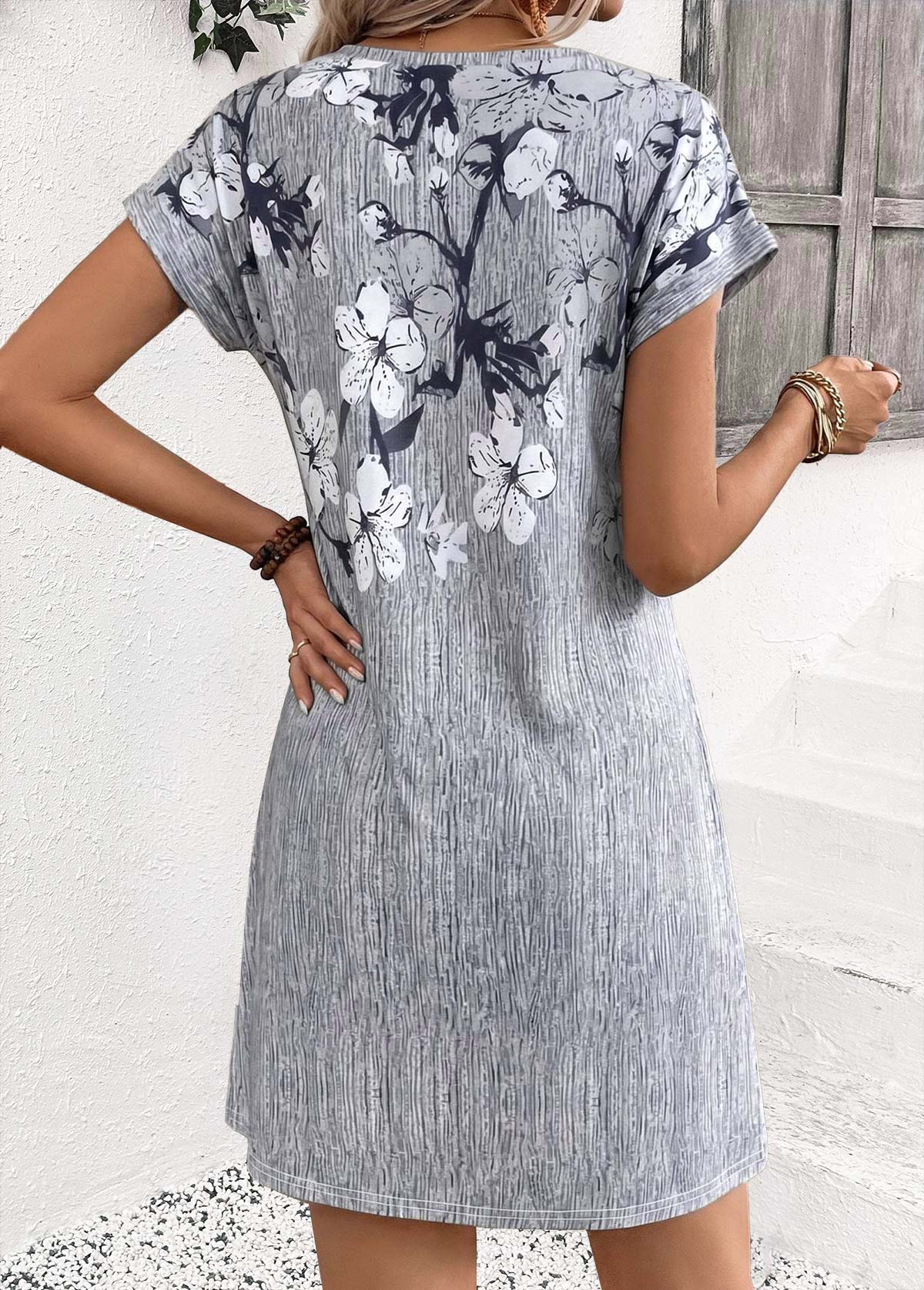 Grey Floral Print Short Tummy Coverage Split Neck Dress | picture 