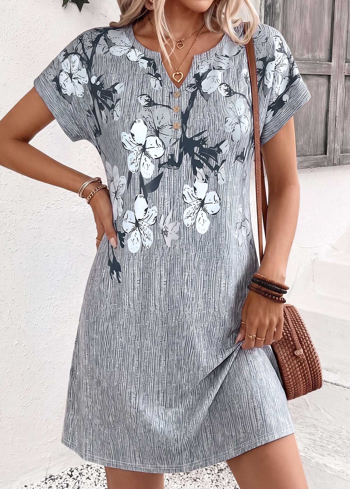 Grey Floral Print Short Tummy Coverage Split Neck Dress | picture 