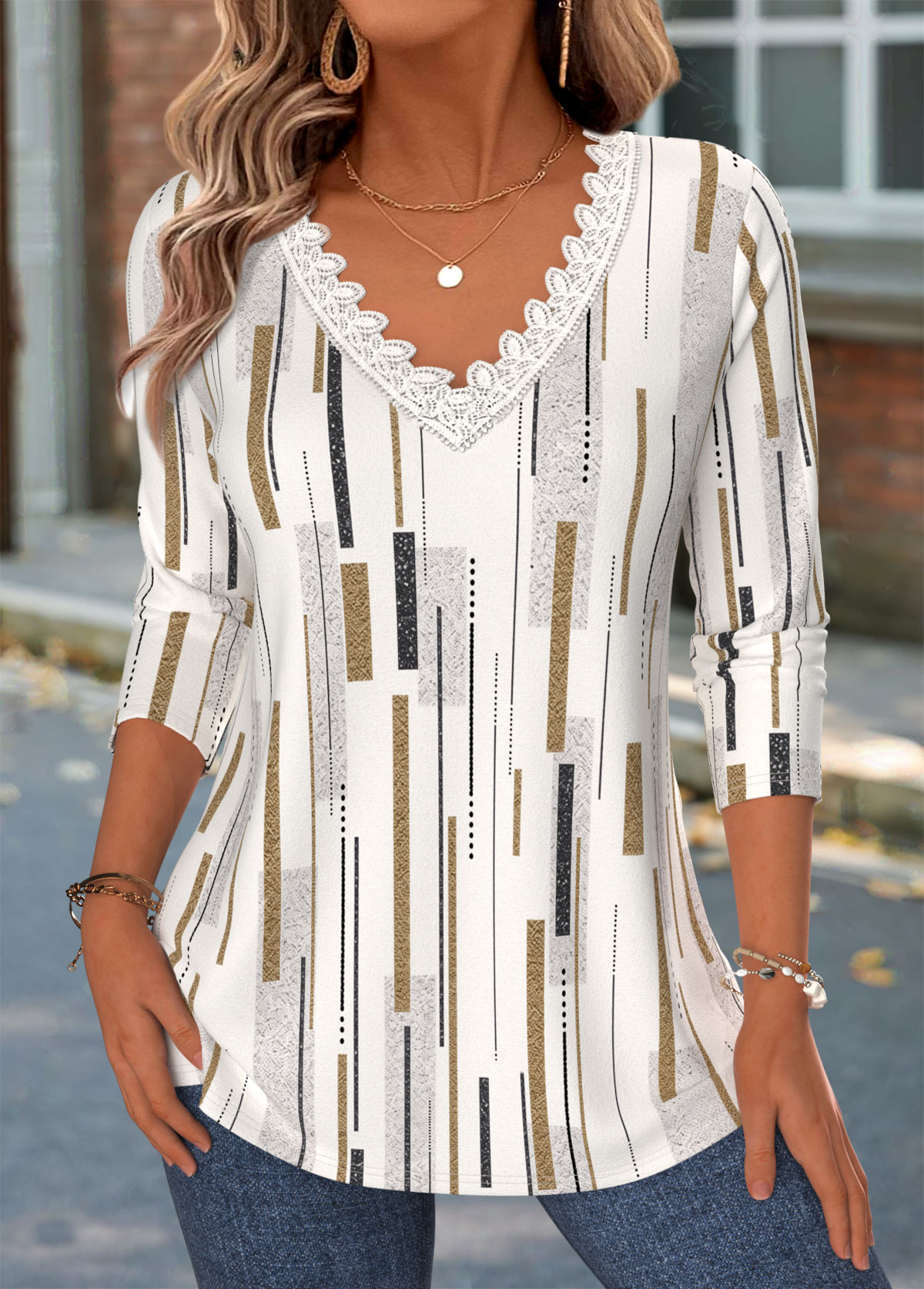 Light Camel Geometric Print Patchwork Long Sleeve T Shirt | picture 