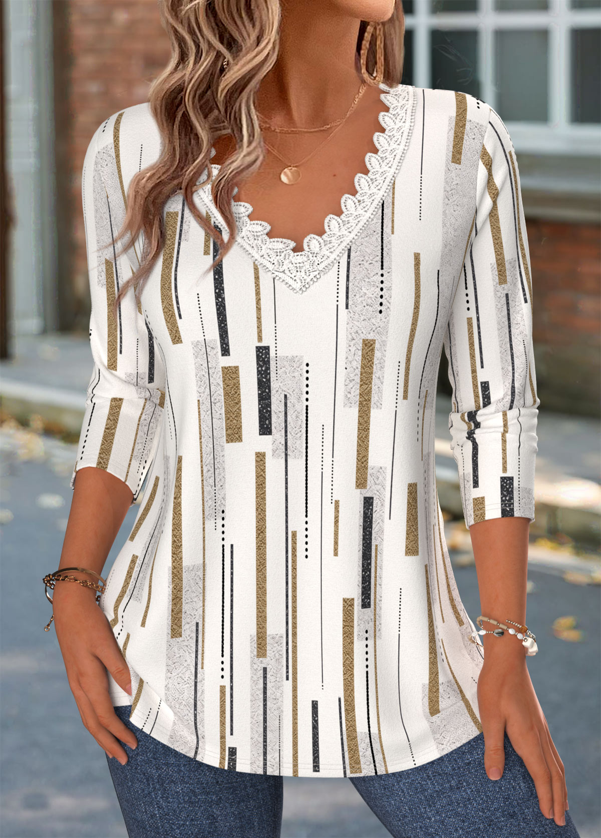 Light Camel Geometric Print Patchwork Long Sleeve T Shirt | picture 
