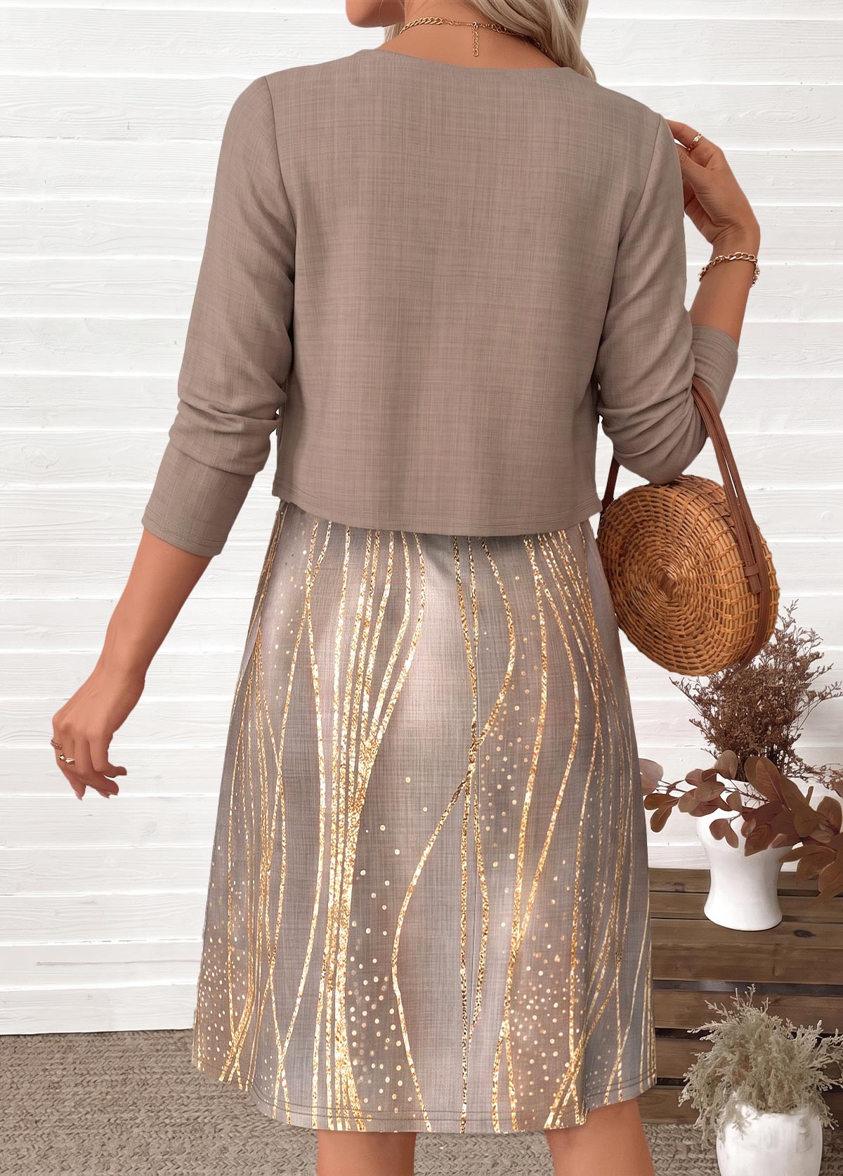 Light Camel Ombre Two-piece Long Sleeve Dress and Cardigan | picture 