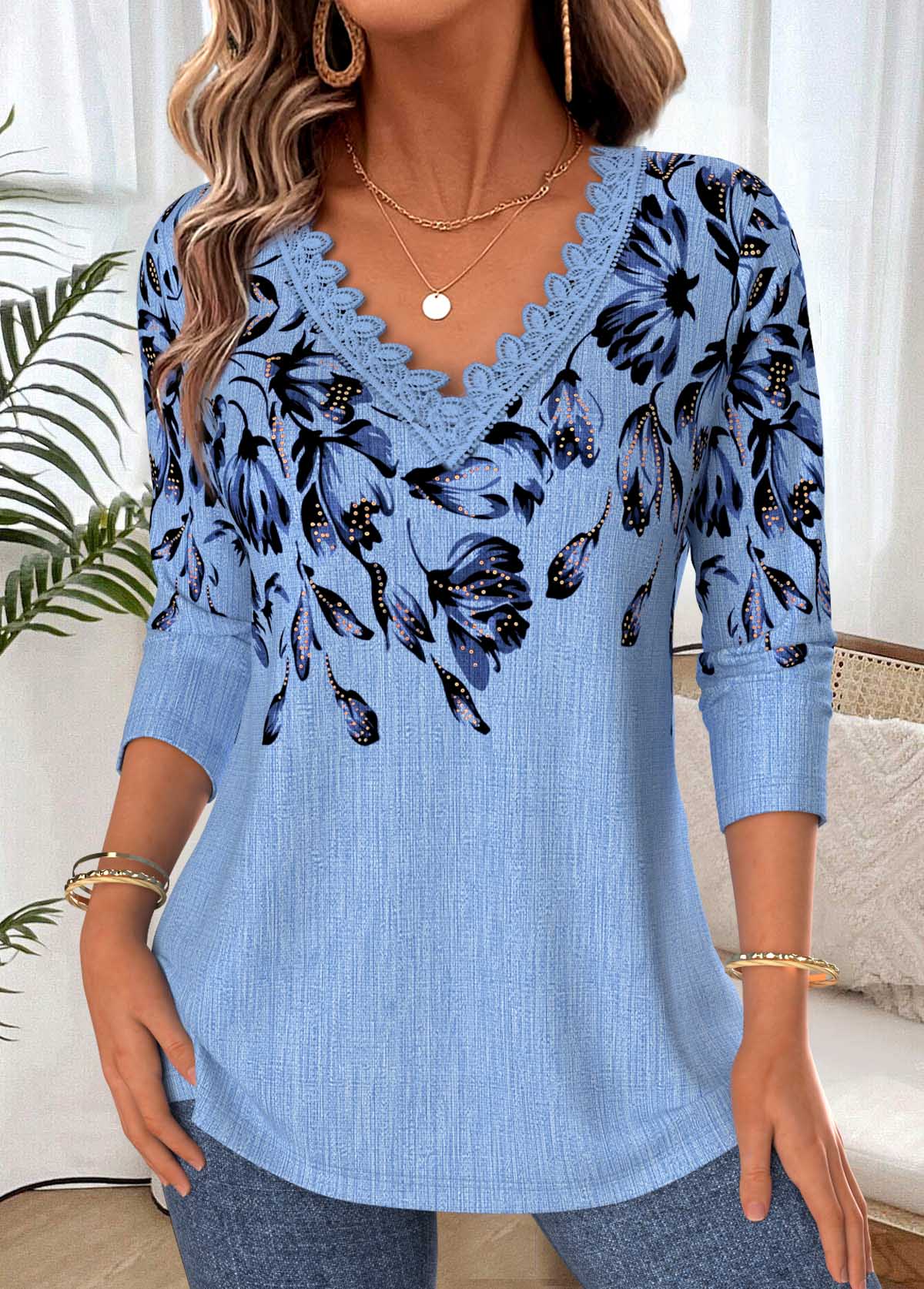 Blue Floral Print Tummy Coverage Long Sleeve T Shirt | picture 