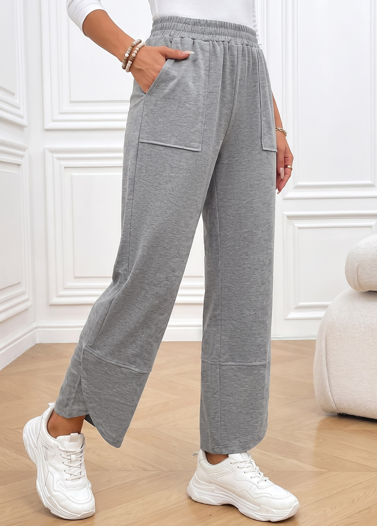 Light Grey Straight Leg Elastic Waist High Waisted Pants | picture 