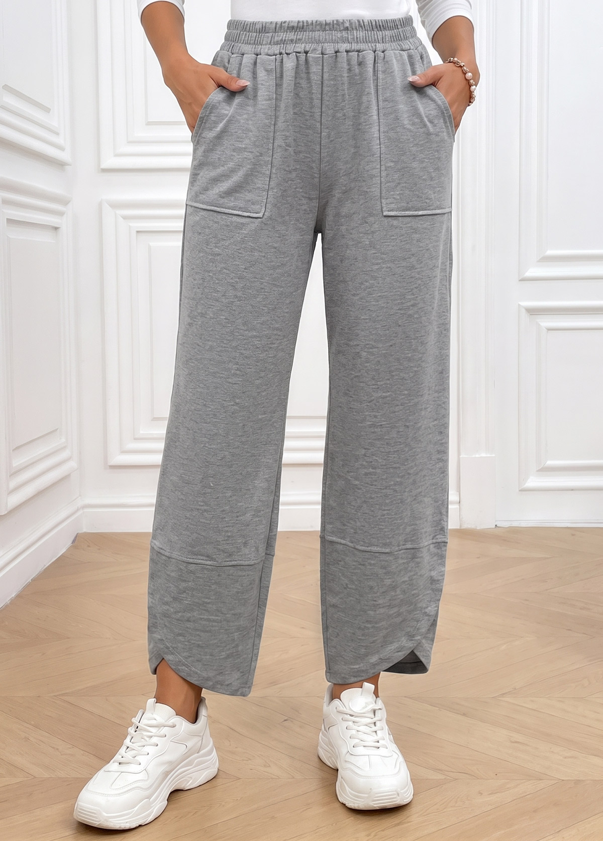 Light Grey Straight Leg Elastic Waist High Waisted Pants | picture 