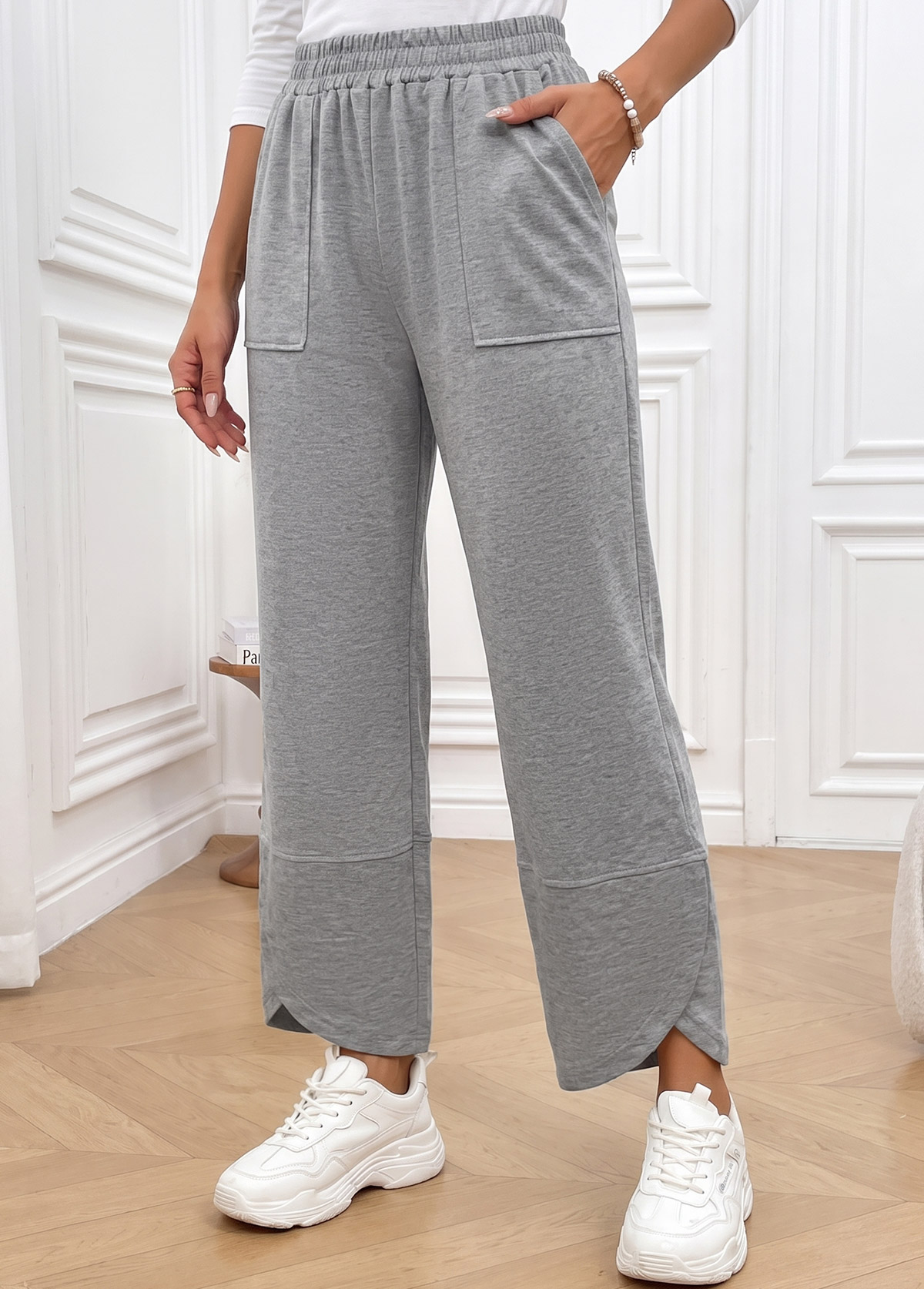 Light Grey Straight Leg Elastic Waist High Waisted Pants | picture 