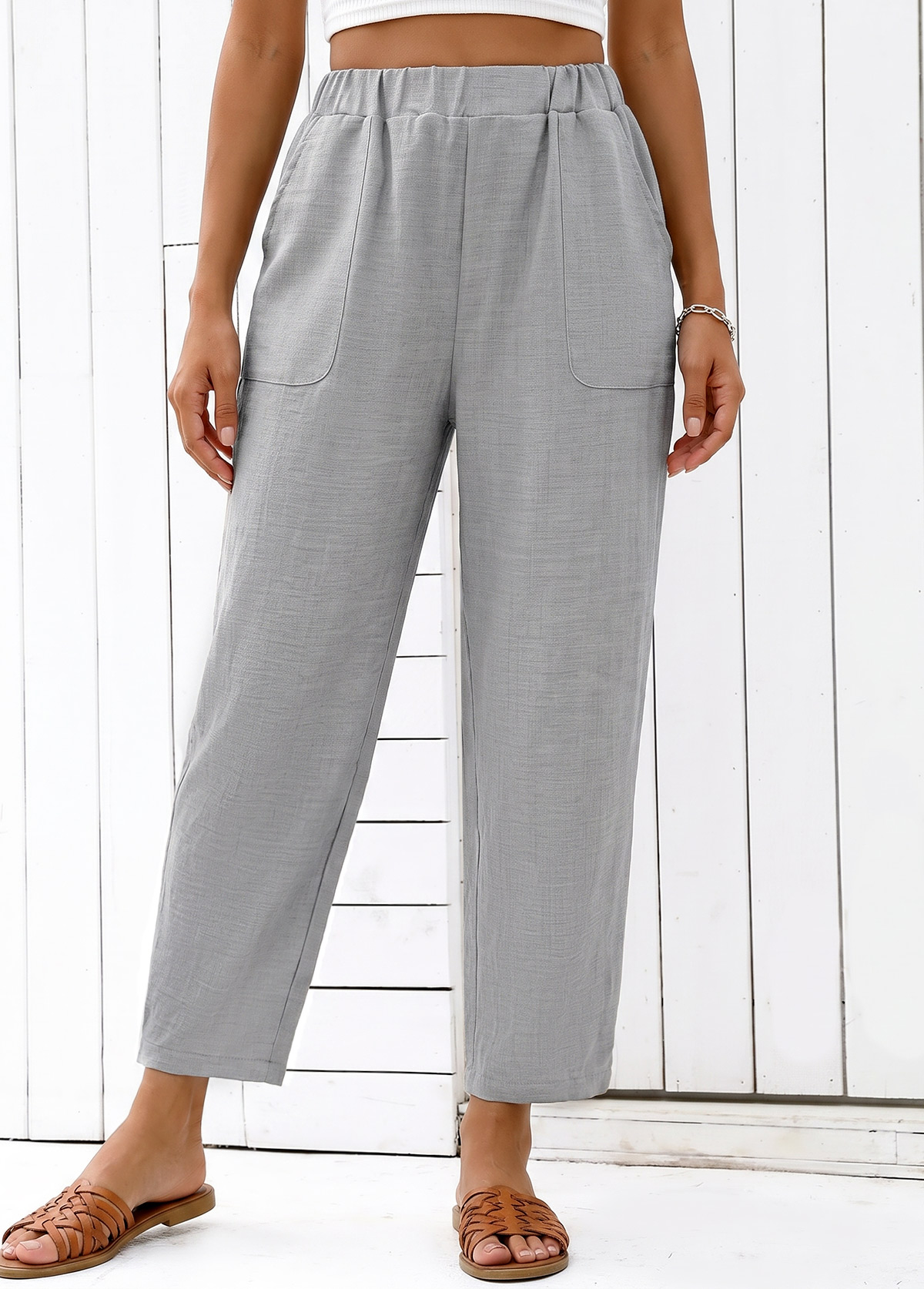 Grey Straight Leg Elastic Waist High Waisted Pants | picture 