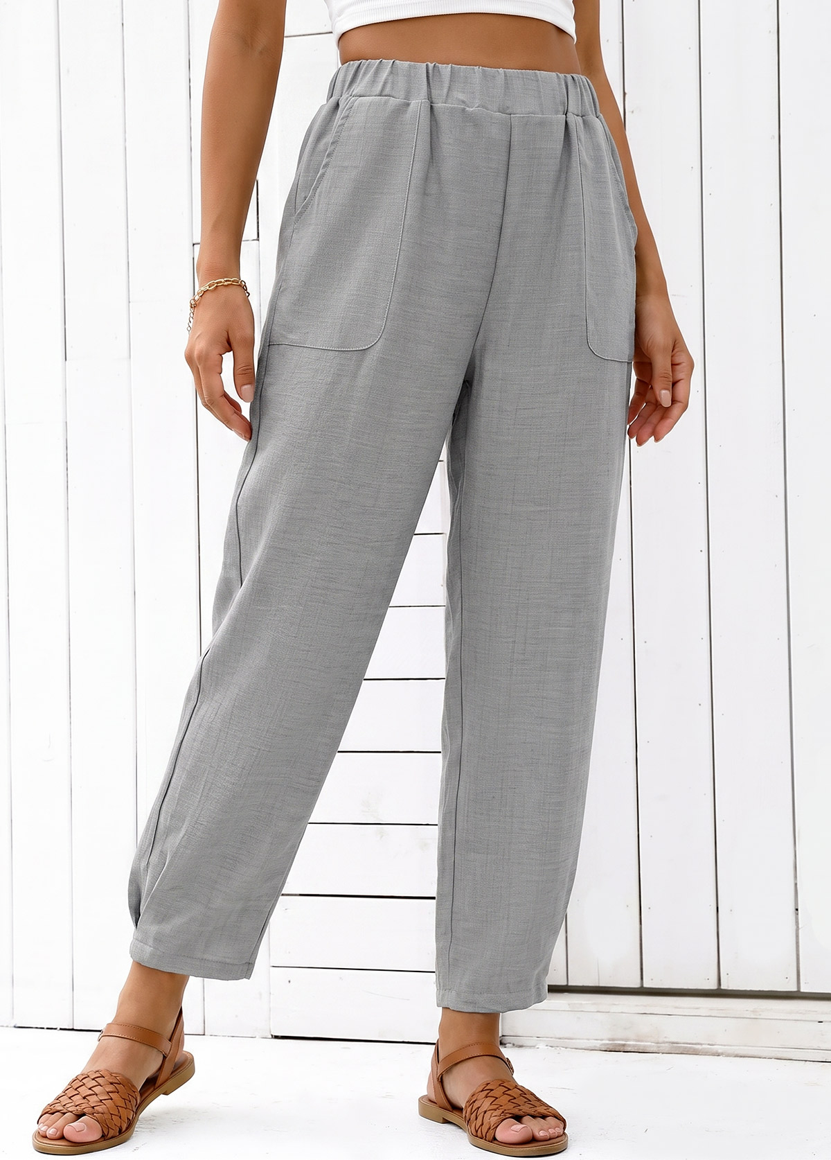 Grey Straight Leg Elastic Waist High Waisted Pants | picture 