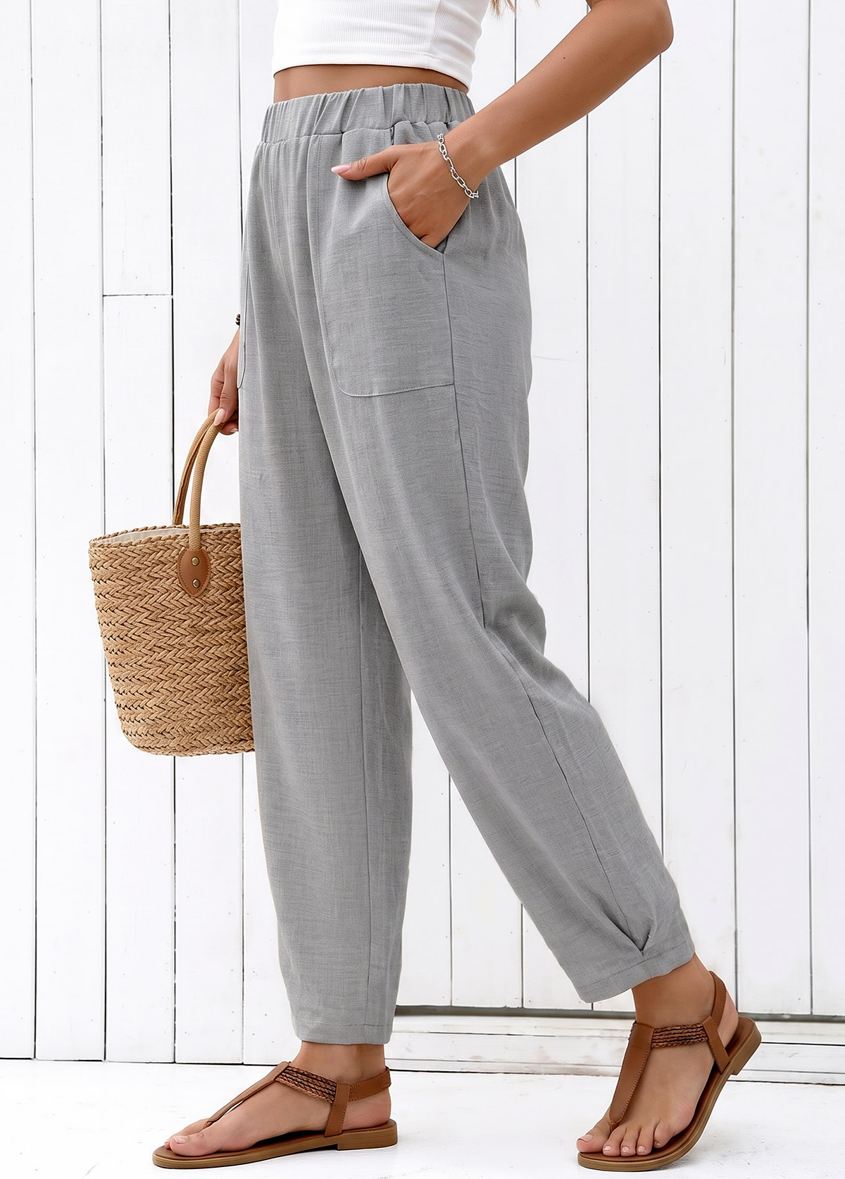 Grey Straight Leg Elastic Waist High Waisted Pants | picture 