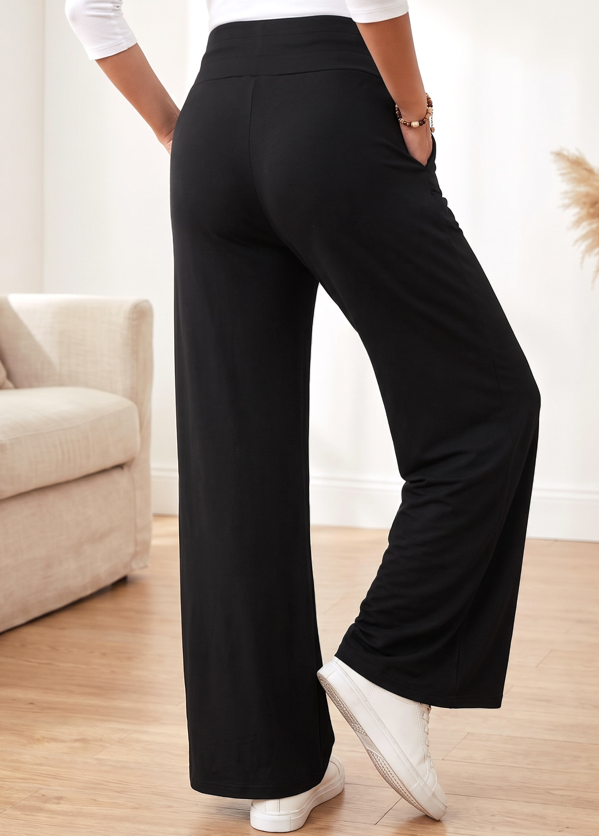 Black Straight Leg Elastic Waist High Waisted Pants | picture 