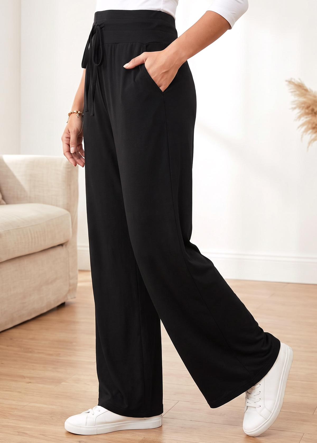 Black Straight Leg Elastic Waist High Waisted Pants | picture 