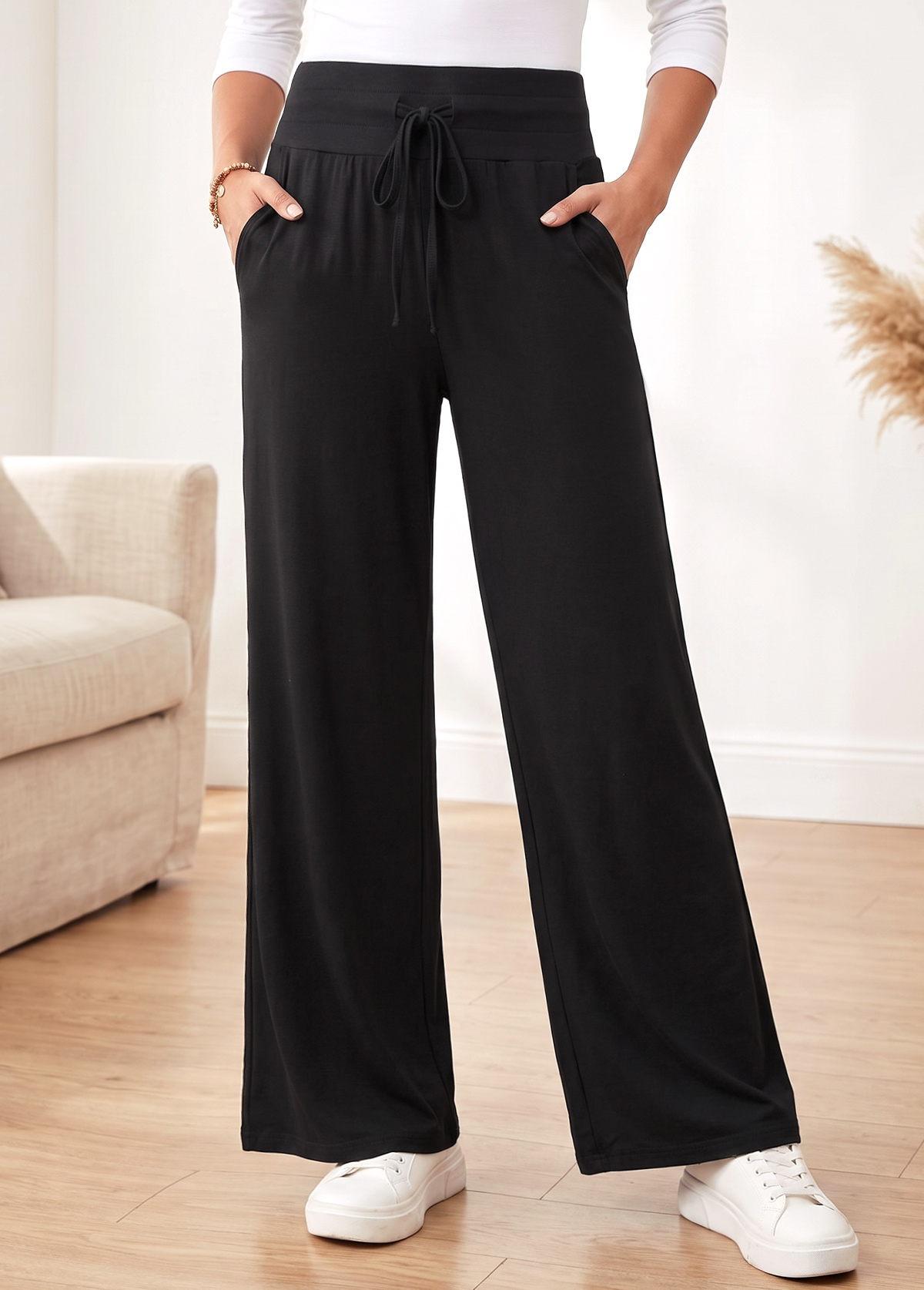 Black Straight Leg Elastic Waist High Waisted Pants | picture 
