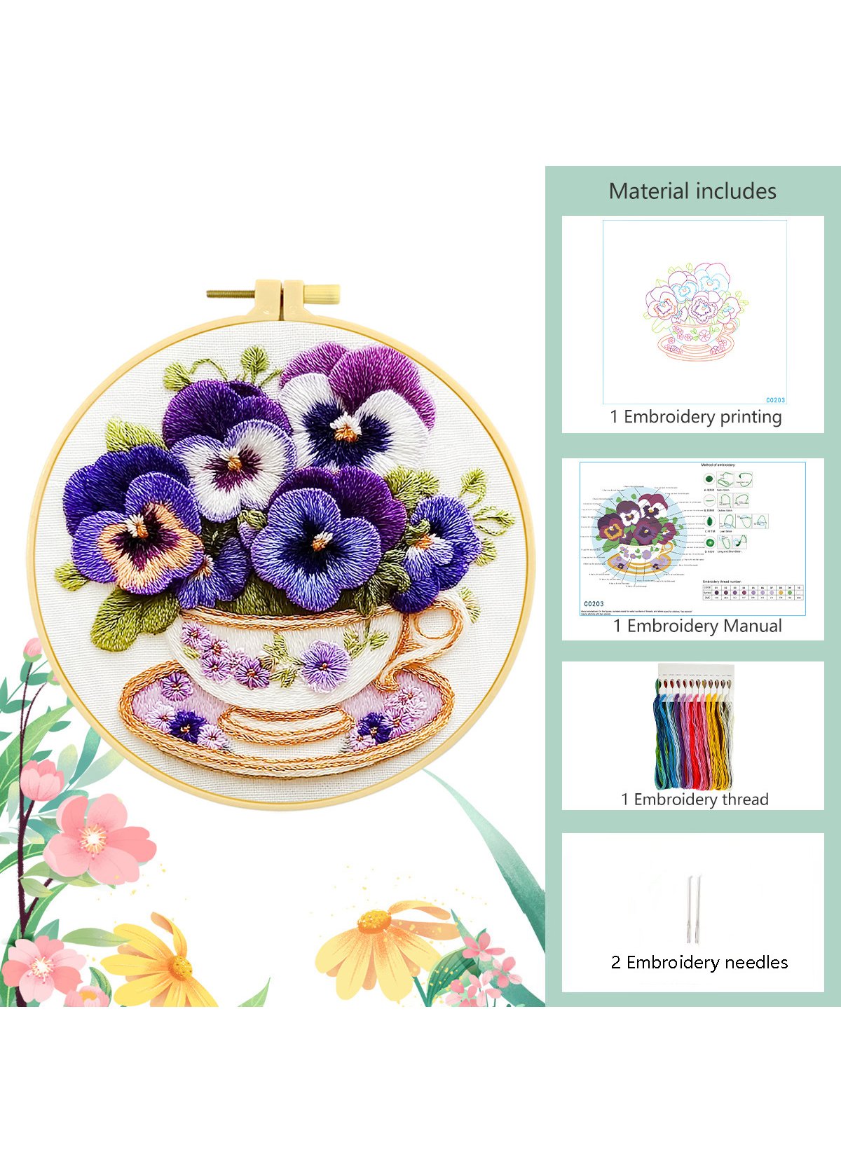 Velvet Pansy Blossoms Embroidery Kit Beginner Friendly | picture 