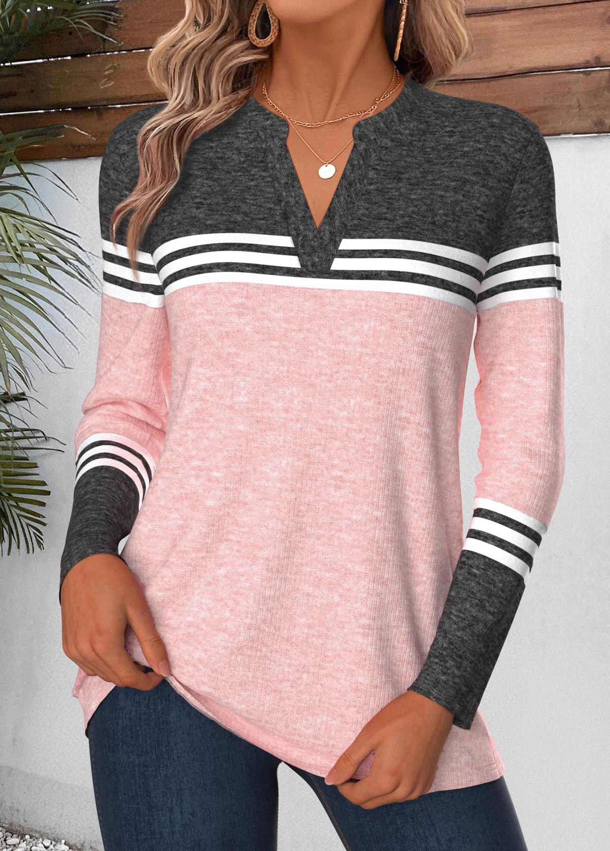 Pink Geometric Print Curved Hem Long Sleeve T Shirt | picture 