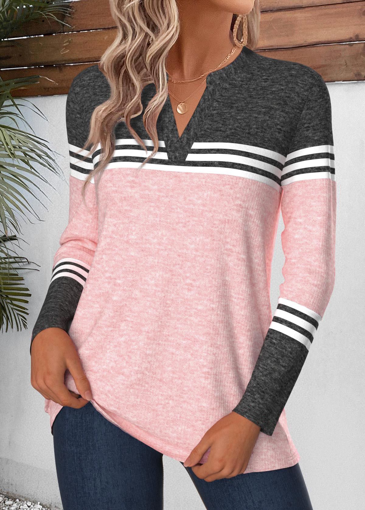 Pink Geometric Print Curved Hem Long Sleeve T Shirt | picture 