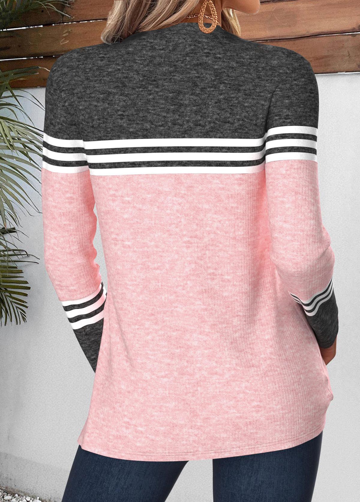 Pink Geometric Print Curved Hem Long Sleeve T Shirt | picture 
