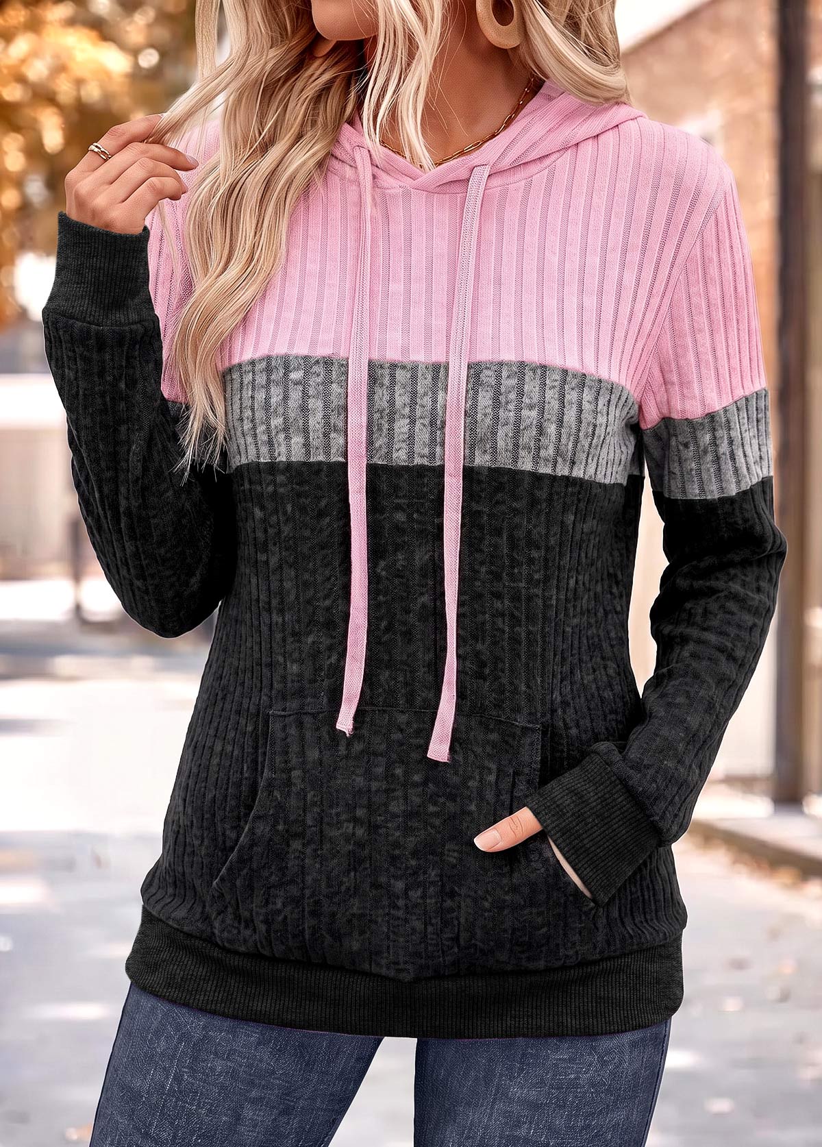 Pink Patchwork Long Sleeve Tunic Hoodie | picture 