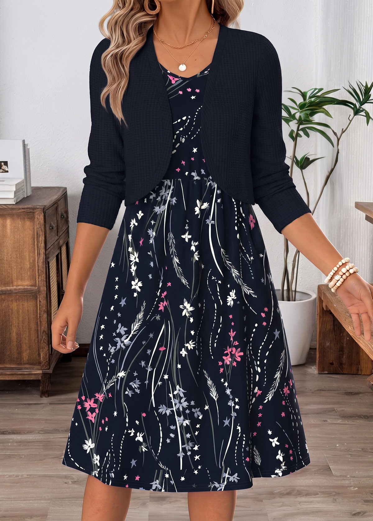 Navy Floral Print Two-piece Long Sleeve Dress and Cardigan | picture 