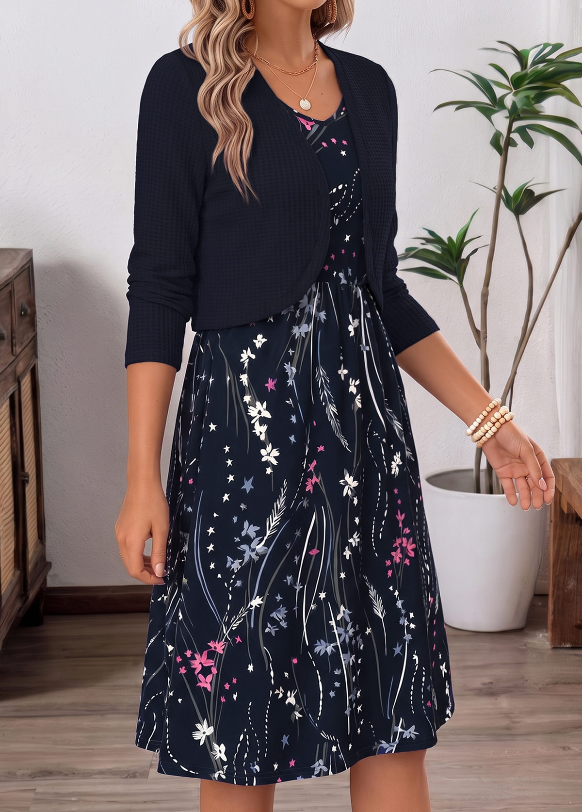 Navy Floral Print Two-piece Long Sleeve Dress and Cardigan | picture 