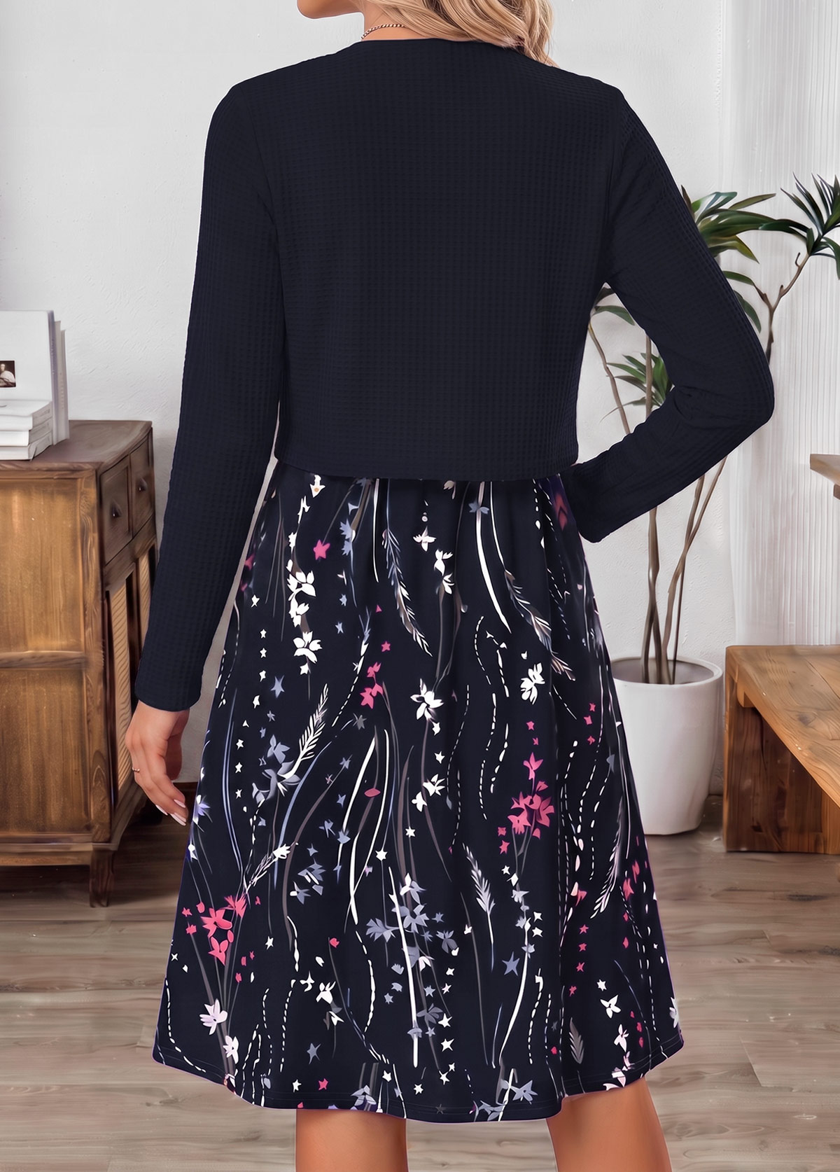 Navy Floral Print Two-piece Long Sleeve Dress and Cardigan | picture 