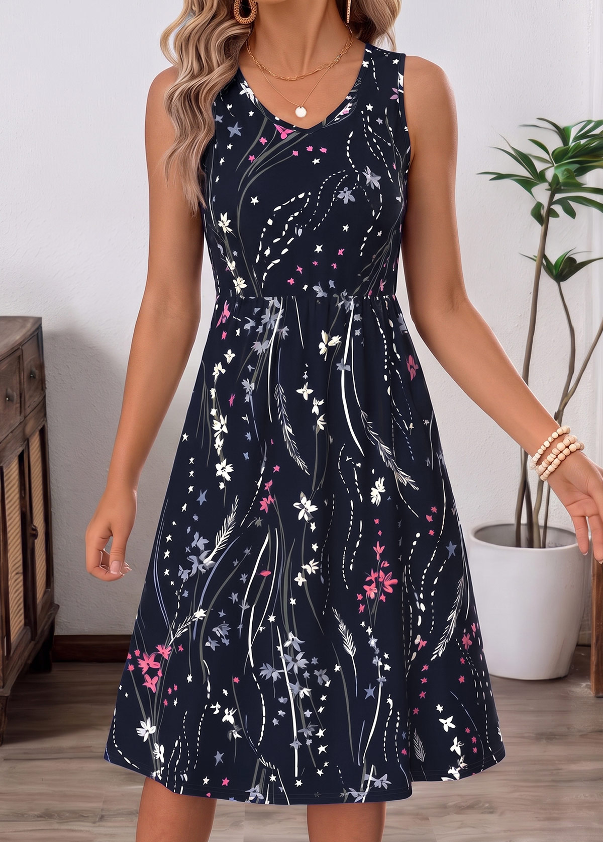 Navy Floral Print Two-piece Long Sleeve Dress and Cardigan | picture 