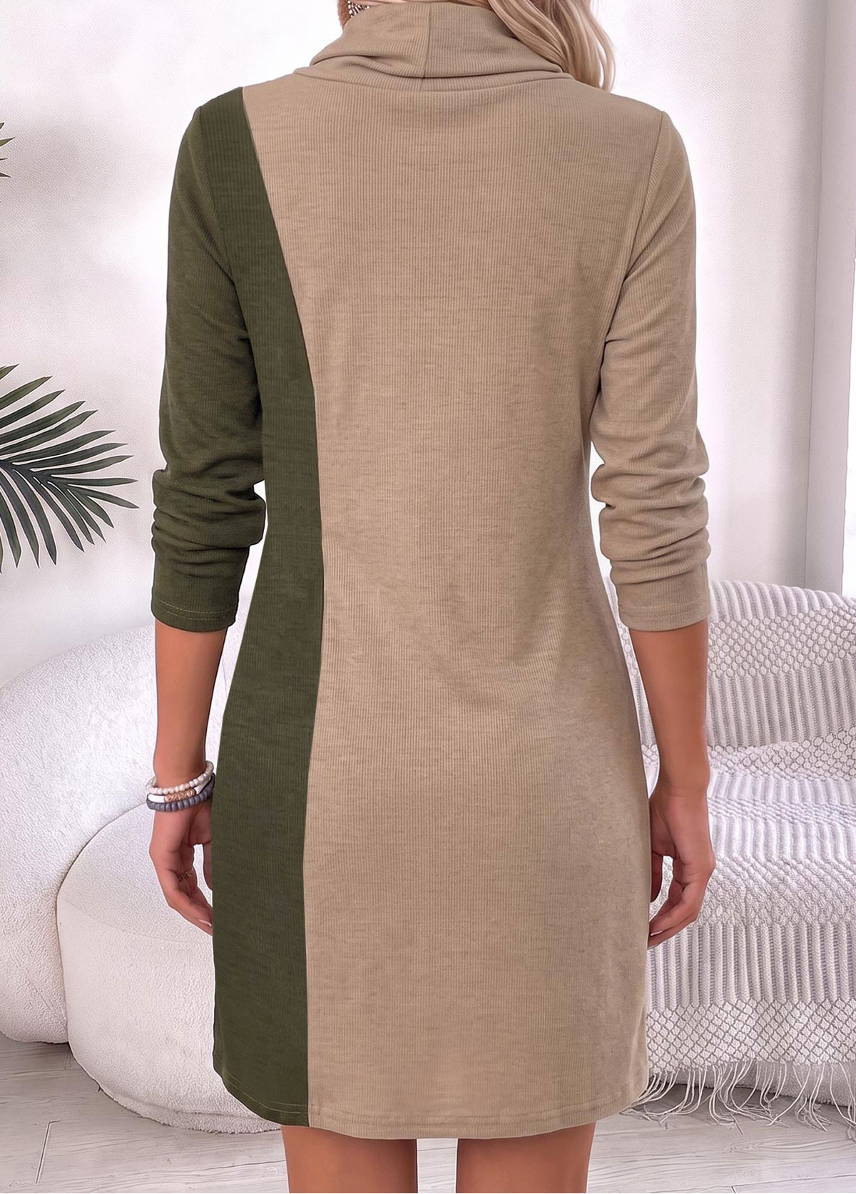 Light Camel Short Patchwork Long Sleeve Cowl Neck Dress | picture 