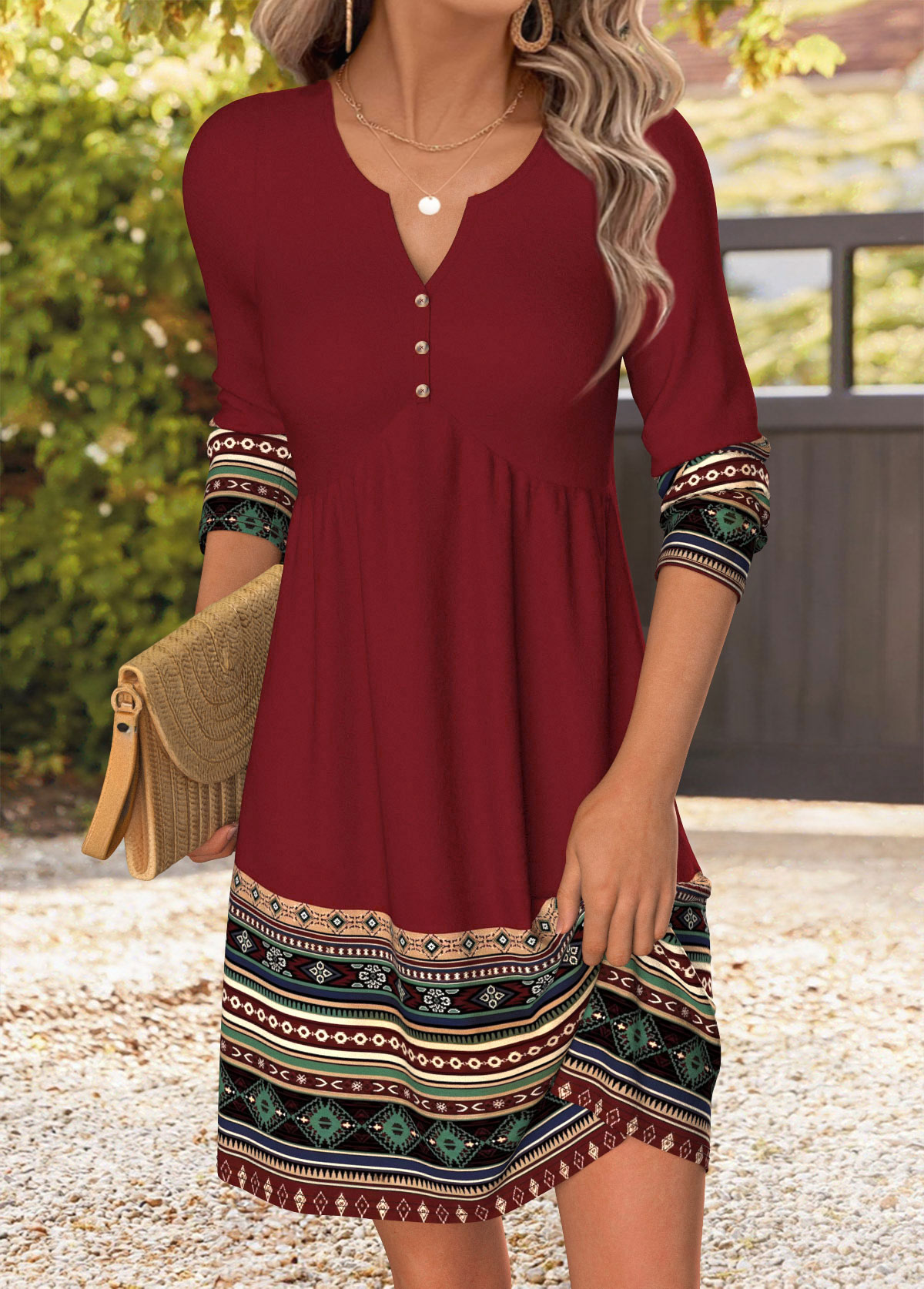 Wine Red Tribal Print Short Shirred Long Sleeve Dress | picture 