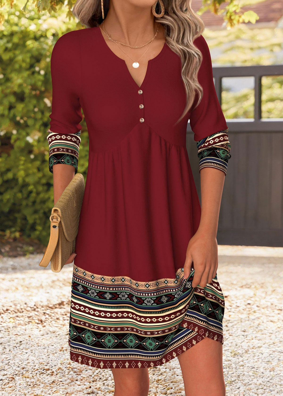 Wine Red Tribal Print Short Shirred Long Sleeve Dress | picture 