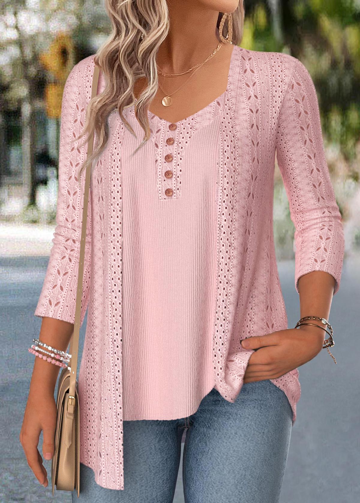 Pink 3/4 Sleeve Fake Two Piece Twinset | picture 
