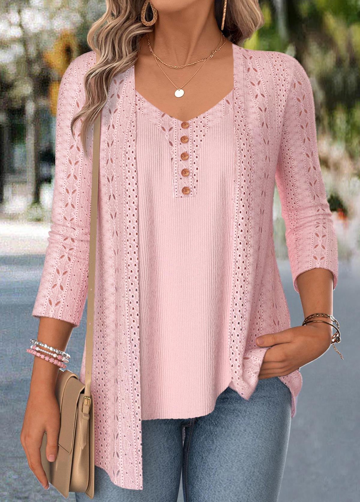 Pink 3/4 Sleeve Fake Two Piece Twinset | picture 