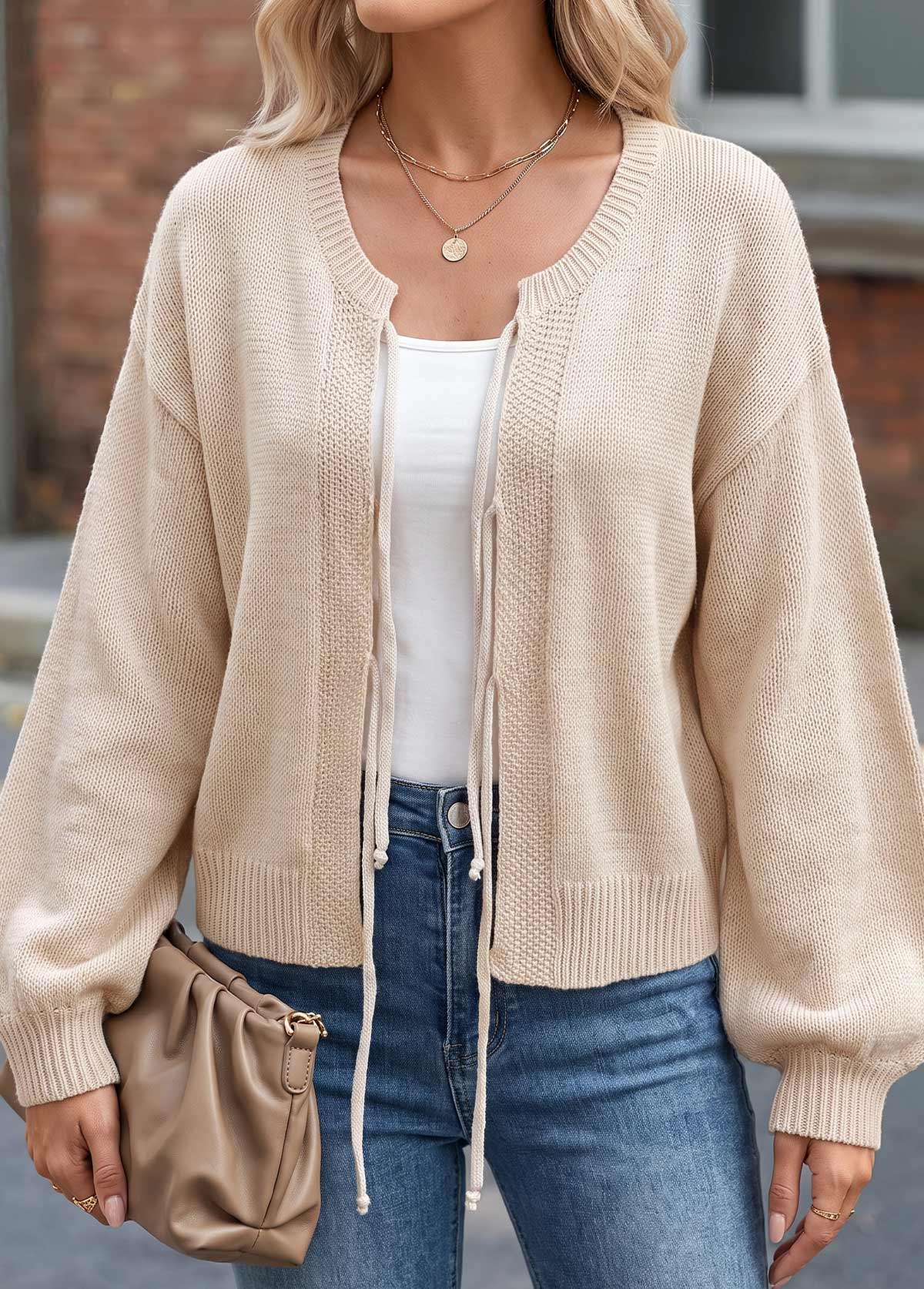 Beige Bowknot Long Sleeve Round Neck Sweater | picture 